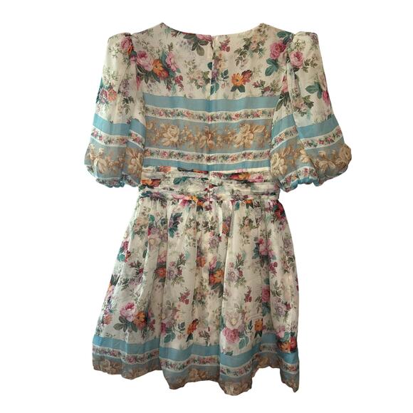 AMUR Silk Floral Puff Sleeve Elise Mini Dress Size 2 Floral Pastel Blue - Picture 5 of 11